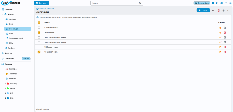 User groups screen showing a list of groups with options to edit or delete.
